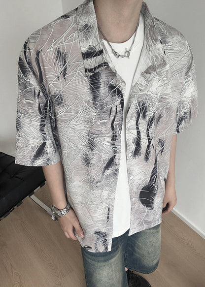 Art Grey Peter Pan Collar Print Cotton Shirt Summer
