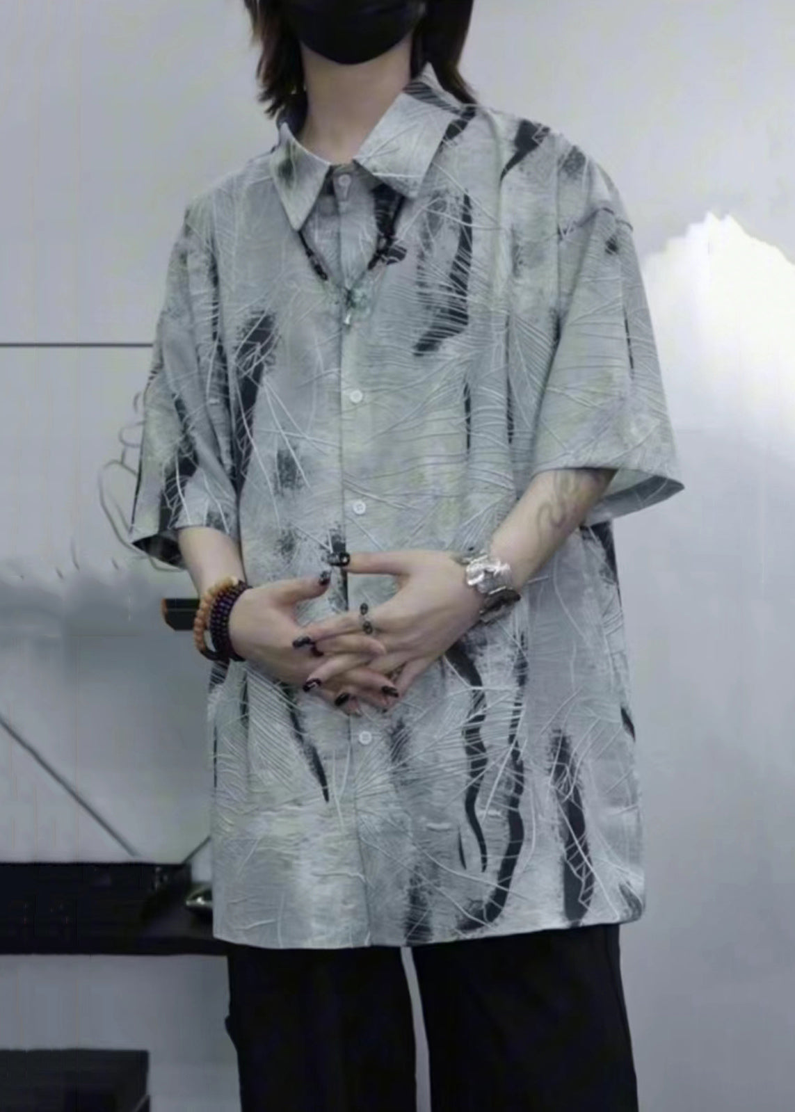 Art Grey Peter Pan Collar Print Cotton Shirt Summer