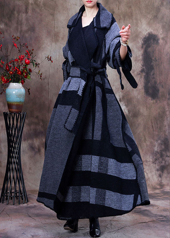 Art Grey Peter Pan Collar Print Plaid Winter Woolen Long Sleeve Trench