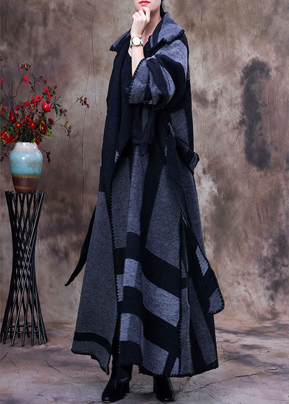 Art Grey Peter Pan Collar Print Plaid Winter Woolen Long Sleeve Trench
