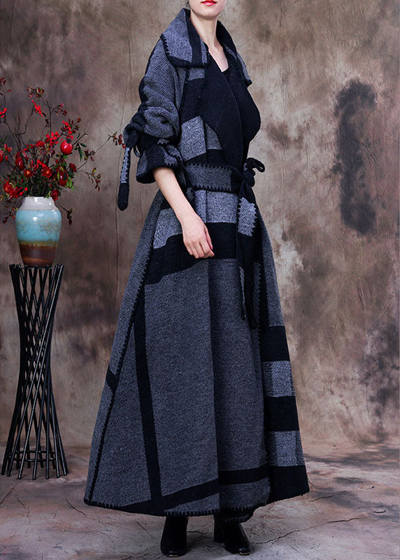 Art Grey Peter Pan Collar Print Plaid Winter Woolen Long Sleeve Trench