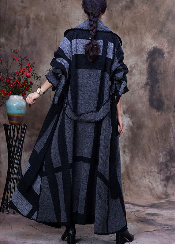 Art Grey Peter Pan Collar Print Plaid Winter Woolen Long Sleeve Trench