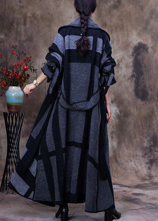 Art Grey Peter Pan Collar Print Plaid Winter Woolen Long Sleeve Trench