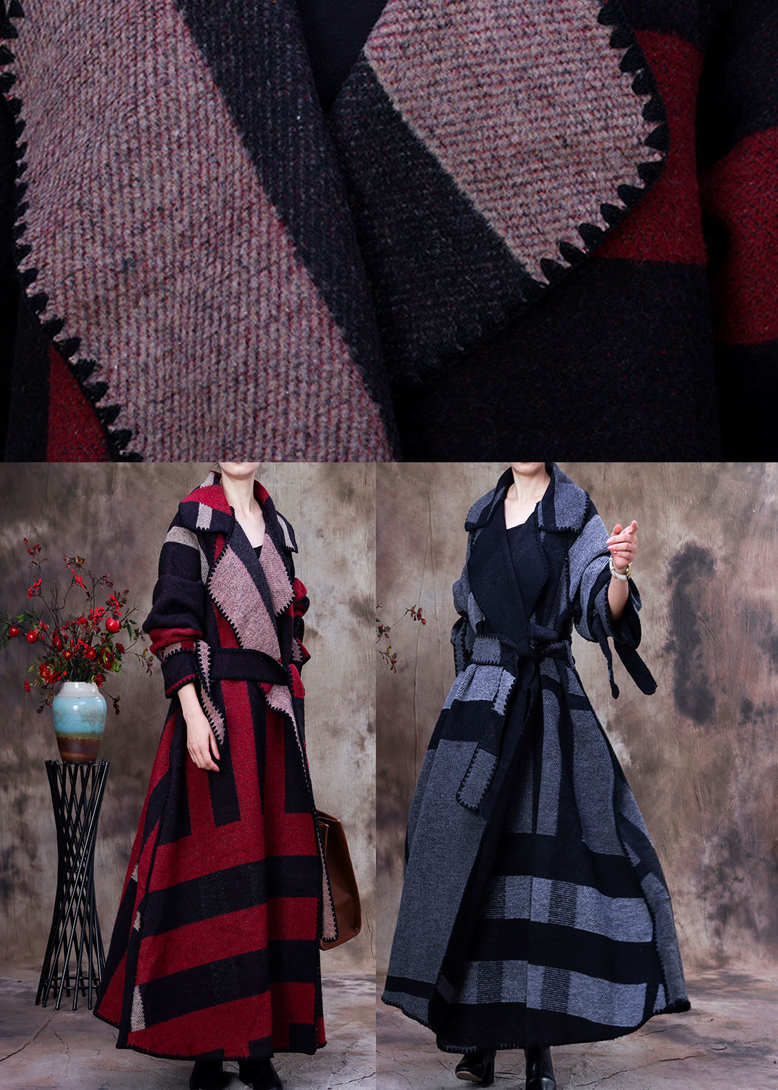 Art Grey Peter Pan Collar Print Plaid Winter Woolen Long Sleeve Trench
