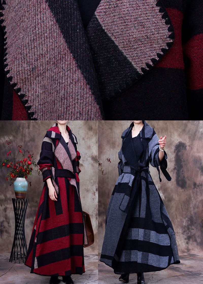 Art Grey Peter Pan Collar Print Plaid Winter Woolen Long Sleeve Trench