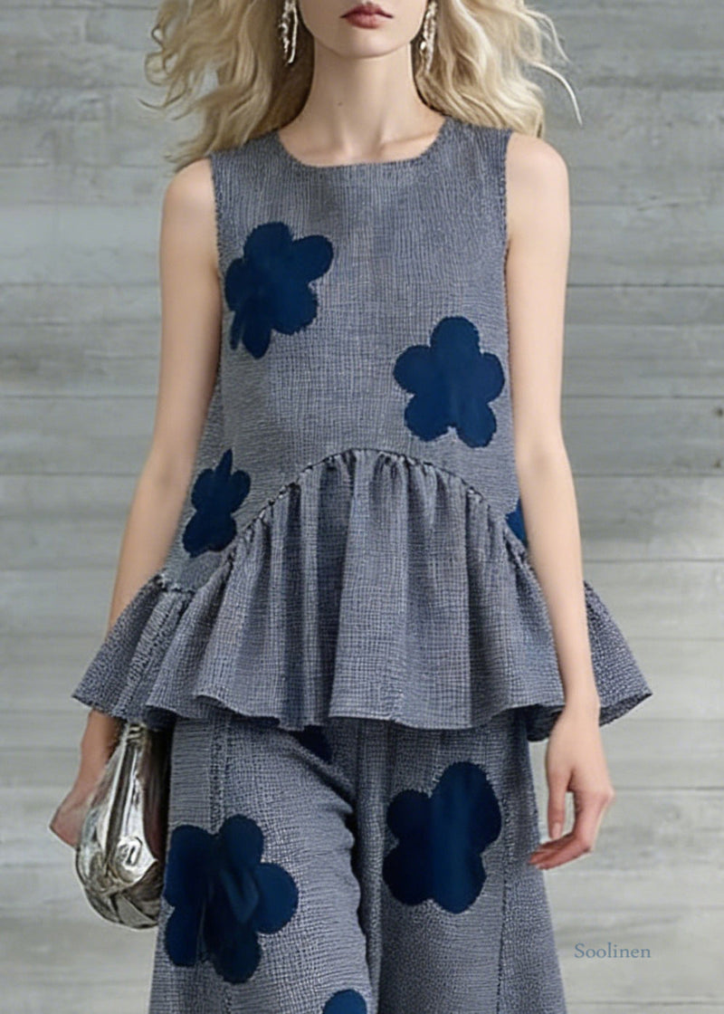 Art Grey Plaid Tops and Crop Pants Two Pieces Set Sleeveless