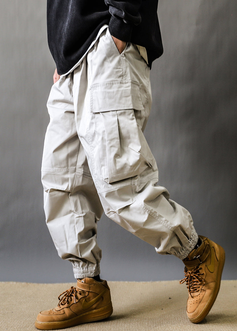 Art Grey Pockets Elastic Waist Cotton Beam Pants Spring