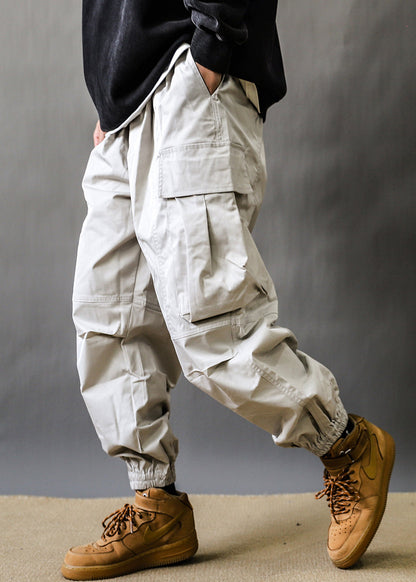Art Grey Pockets Elastic Waist Cotton Beam Pants Spring