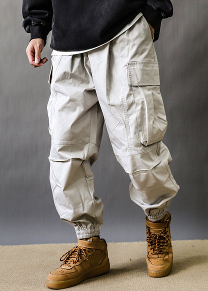 Art Grey Pockets Elastic Waist Cotton Beam Pants Spring