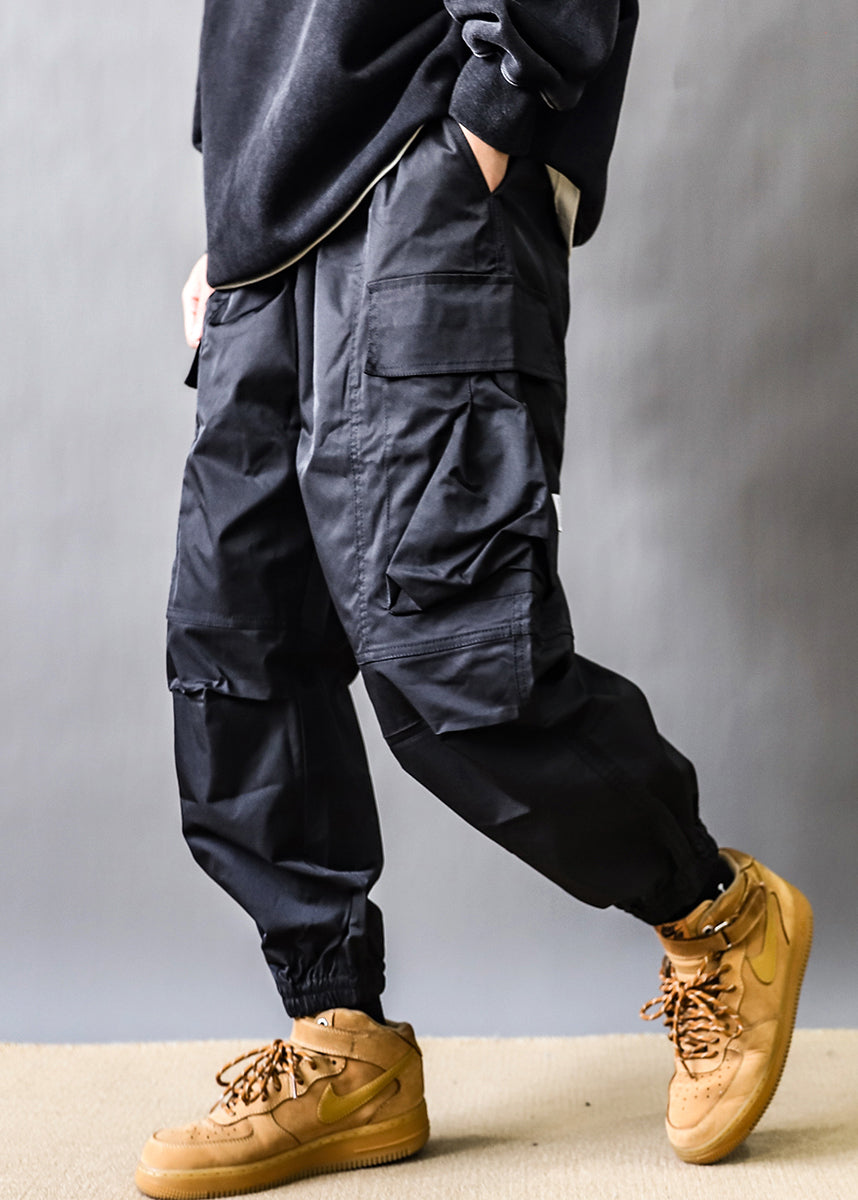 Art Grey Pockets Elastic Waist Cotton Beam Pants Spring