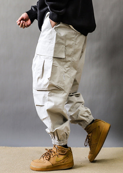Art Grey Pockets Elastic Waist Cotton Beam Pants Spring