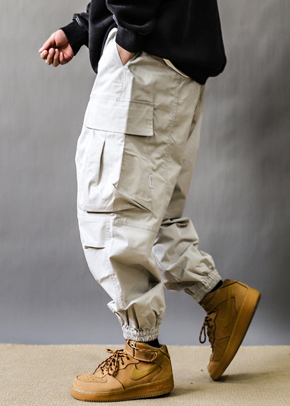 Art Grey Pockets Elastic Waist Cotton Beam Pants Spring