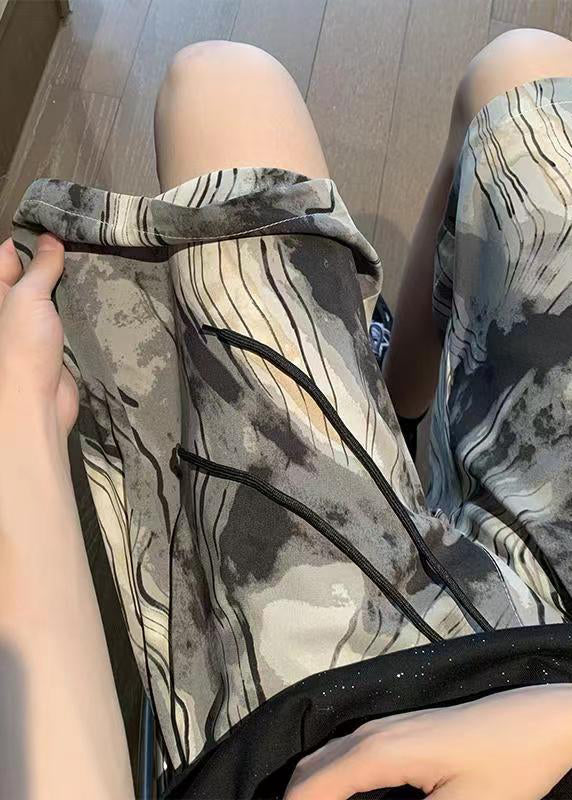Art Grey Print Pockets Elastic Waist Ice Silk Summer Beach Shorts