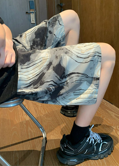 Art Grey Print Pockets Elastic Waist Ice Silk Summer Beach Shorts