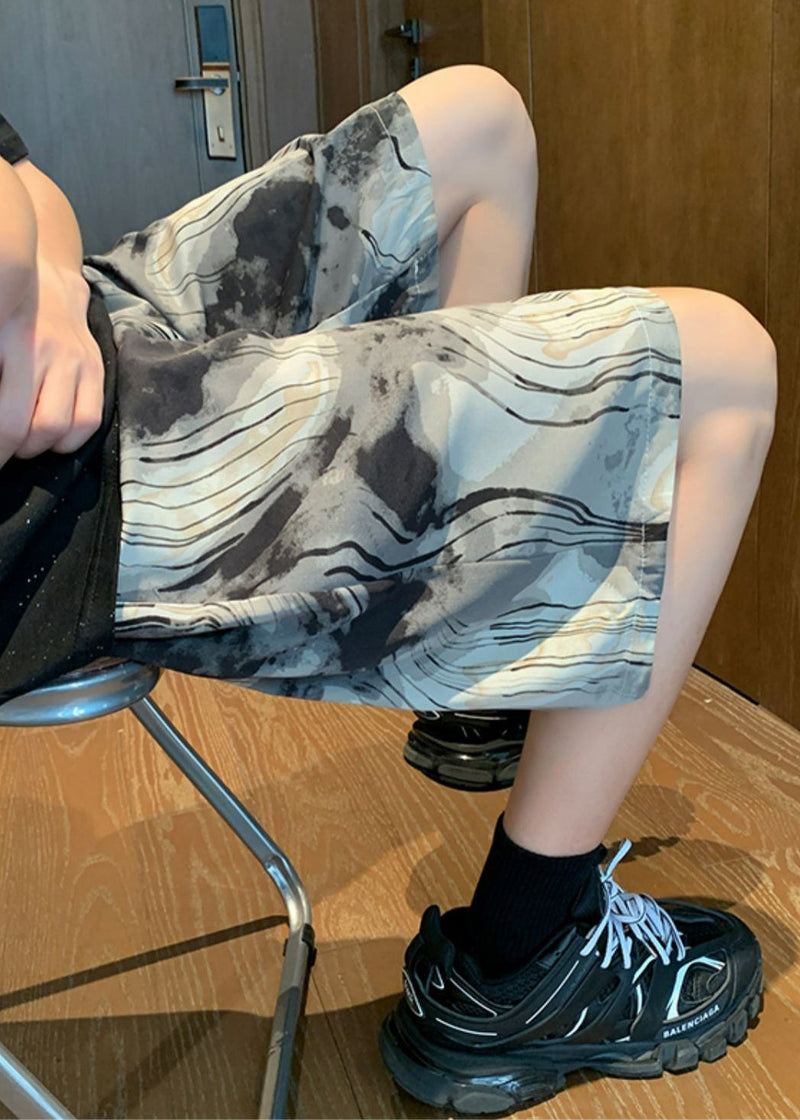 Art Grey Print Pockets Elastic Waist Ice Silk Summer Beach Shorts
