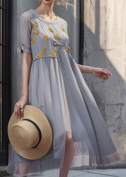 Art Grey Print Silk Long Dresses Summer