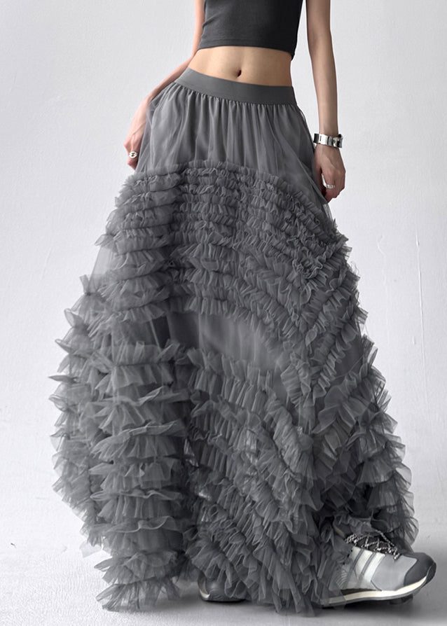 Art Grey Ruffled Elastic Waist Tulle Maxi Skirts Summer