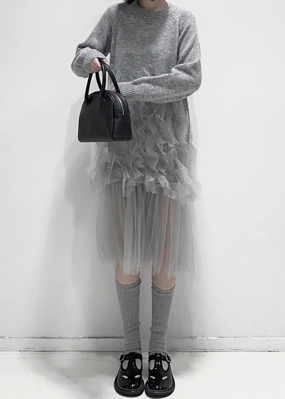 Art Grey Ruffled Tulle Patchwork Knit Dress Fall