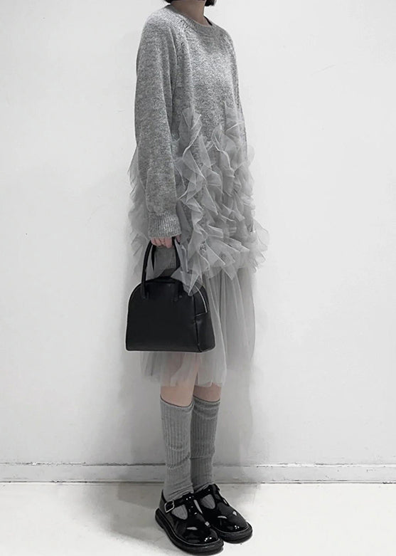 Art Grey Ruffled Tulle Patchwork Knit Dress Fall