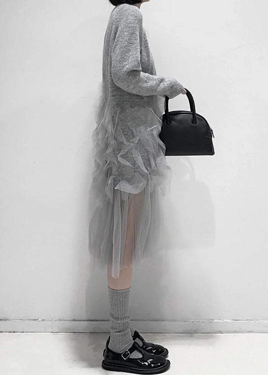Art Grey Ruffled Tulle Patchwork Knit Dress Fall