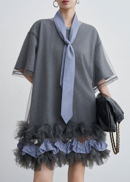 Art Grey Ruffled Tulle Patchwork Cotton T Shirt Dresses Summer