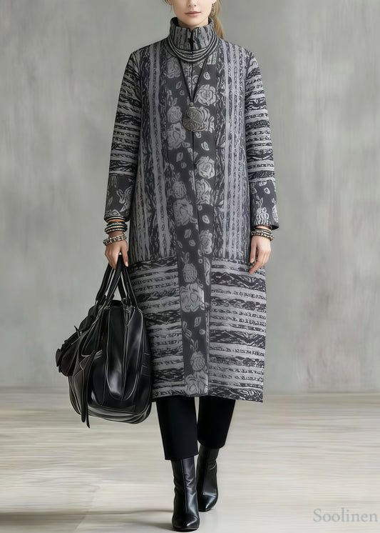 Art Grey Stand Collar Print Fine Cotton Filled Winter Coats