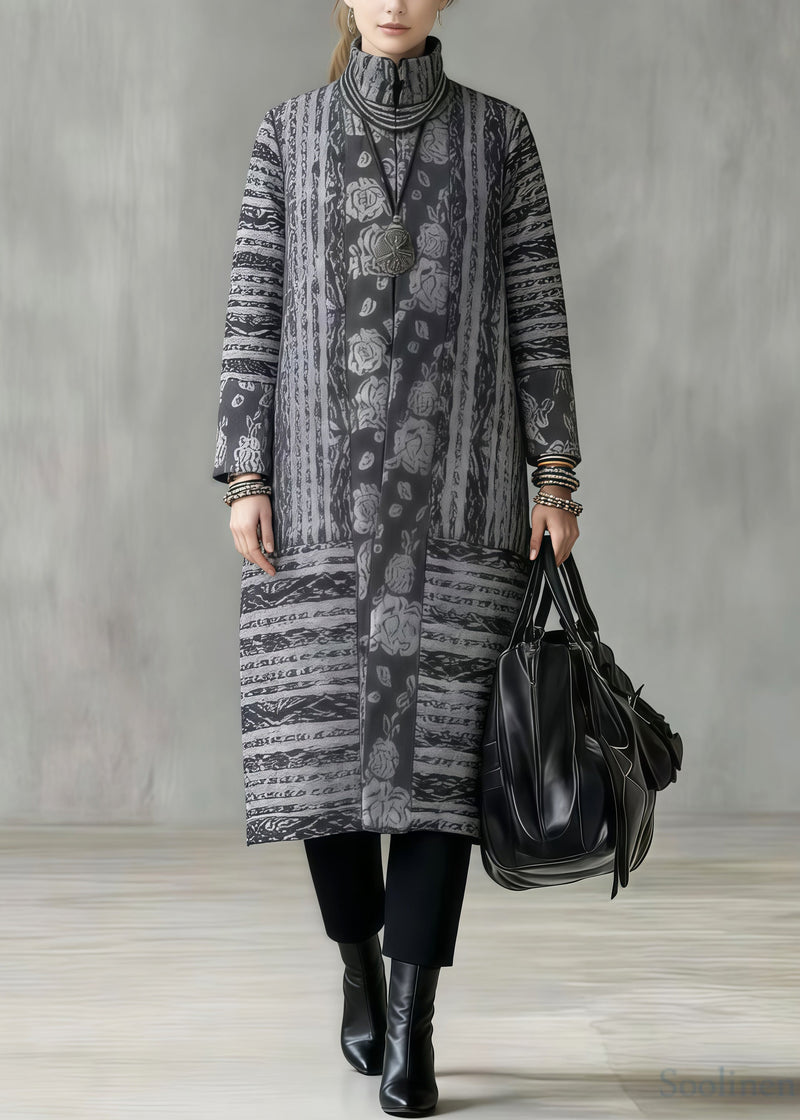 Art Grey Stand Collar Print Fine Cotton Filled Winter Coats