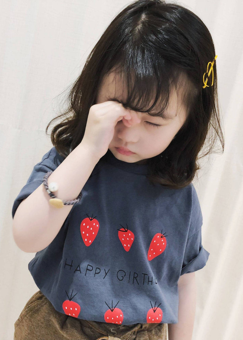Art Grey Strawberry Print Kids Tops Short Sleeve