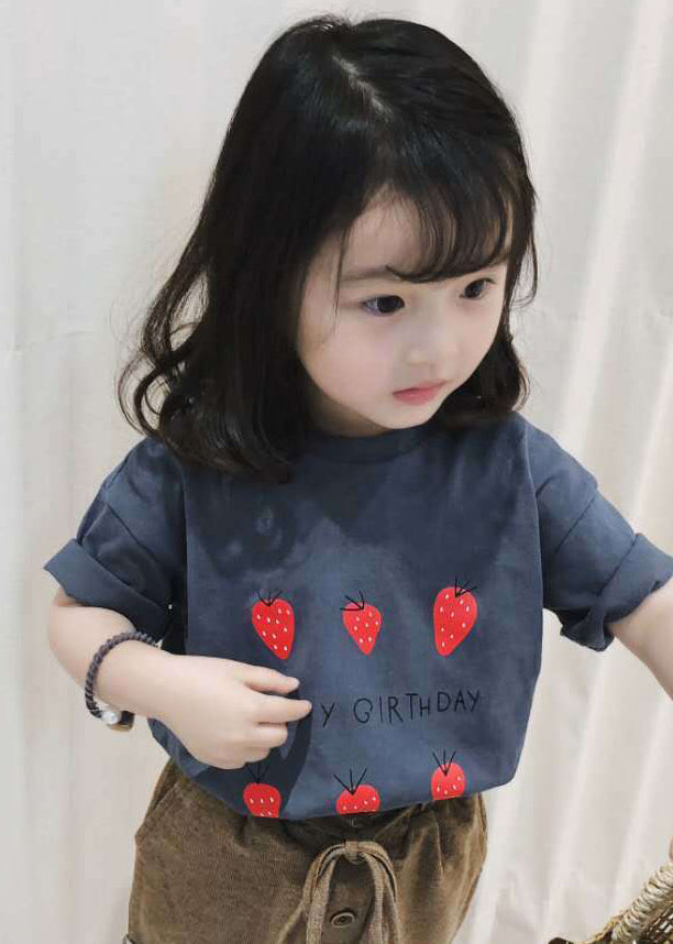Art Grey Strawberry Print Kids Tops Short Sleeve