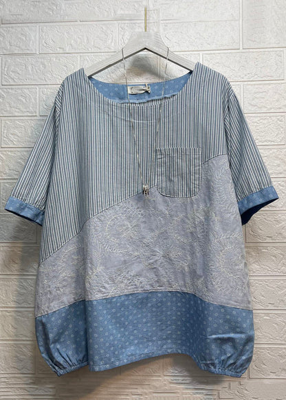 Art Grey Striped Asymmetrical Jacquard Patchwork Cotton Top Short Sleeve