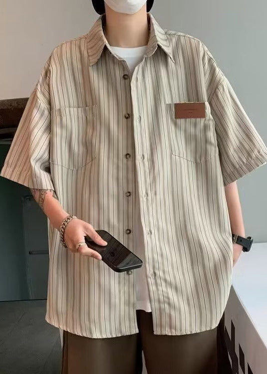 Art Grey Striped Button Cotton Shirts Summer