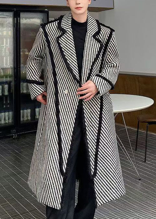 Art Grey Striped Button Woolen Long Coats Winter