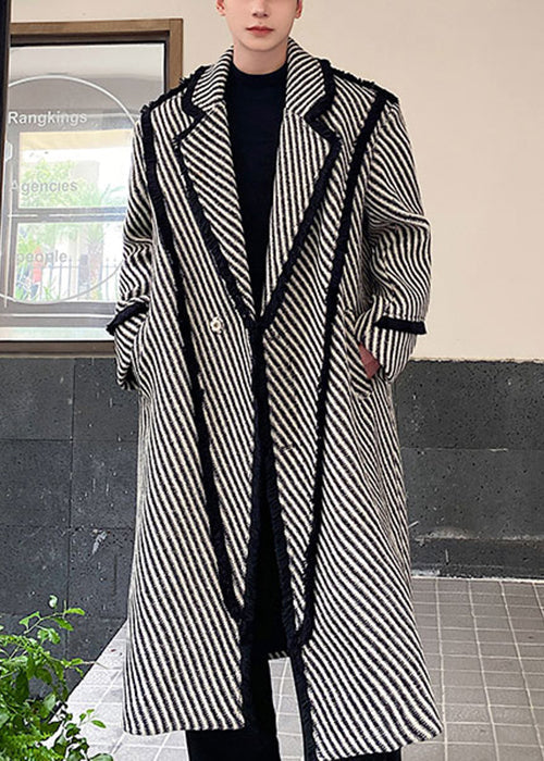 Art Grey Striped Button Woolen Long Coats Winter