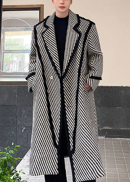 Art Grey Striped Button Woolen Long Coats Winter