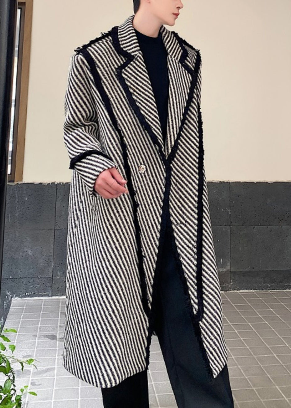 Art Grey Striped Button Woolen Long Coats Winter