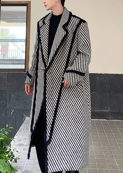 Art Grey Striped Button Woolen Long Coats Winter