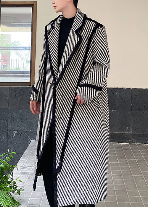 Art Grey Striped Button Woolen Long Coats Winter