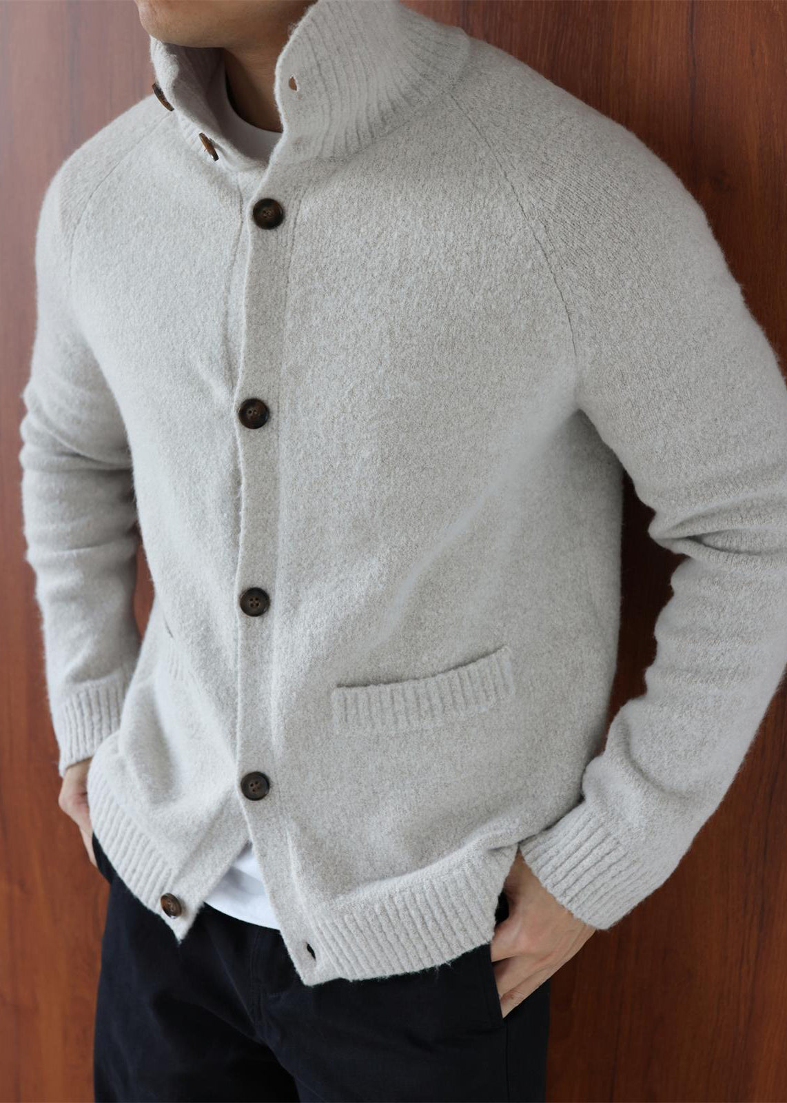 Art Grey Turtleneck Button Cotton Knit Cardigan Winter