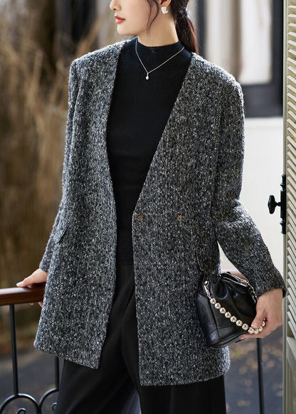Art Grey V Neck Button Pockets Woolen Coat Fall