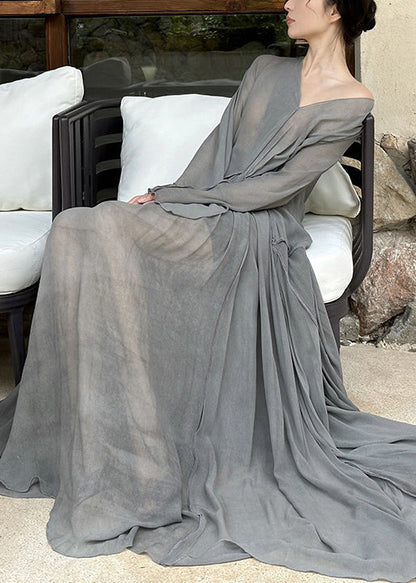 Art Gray Flowers V Neck Wrinkled Cotton Maxi Dresses Long Sleeve