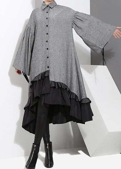 Art Grey Low High Design Ruffled Patchwork Shirt Dress Spring