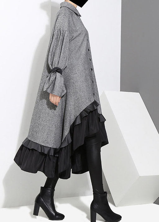 Art Grey Low High Design Ruffled Patchwork Shirt Dress Spring