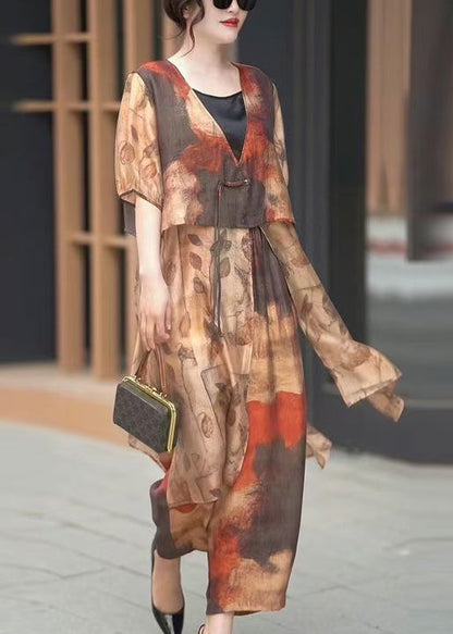 Art Khaki Button Print Tops and Crop Pants Silk Two Piece Suit Summer