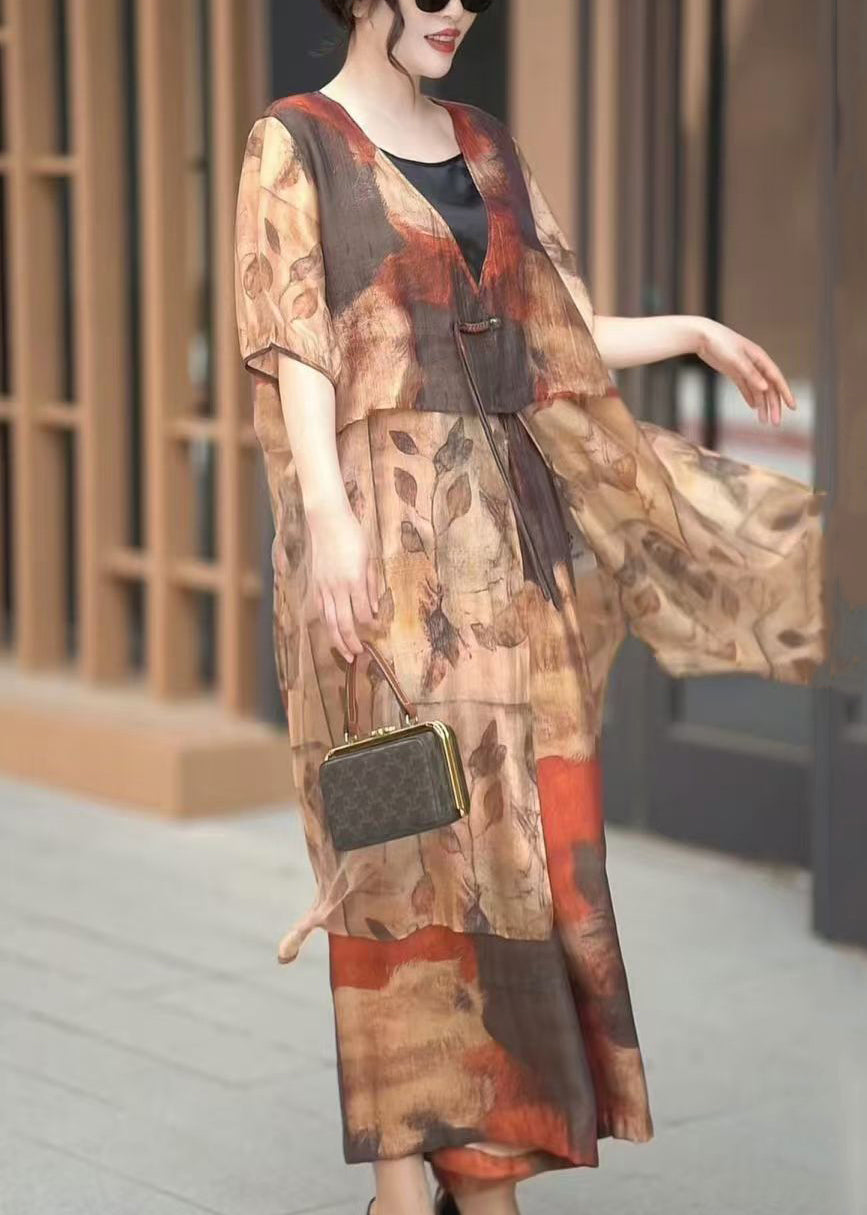 Art Khaki Button Print Tops and Crop Pants Silk Two Piece Suit Summer