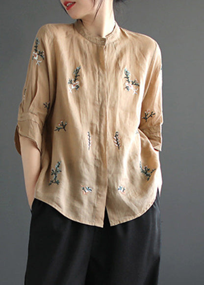Art Khaki Embroideried Button Ramie Shirt Half Sleeve