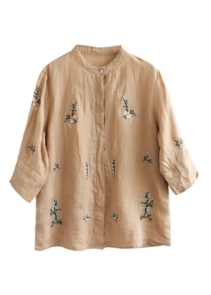 Art Khaki Embroideried Button Ramie Shirt Half Sleeve