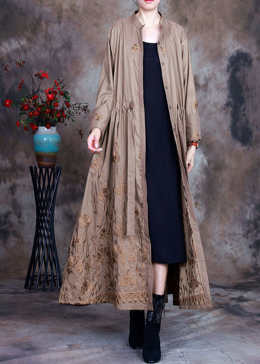 Art Khaki Print Drawstring Spring Trench Coats