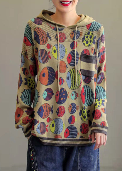Art Khaki Hooded Print Knit Sweatshirt Winter