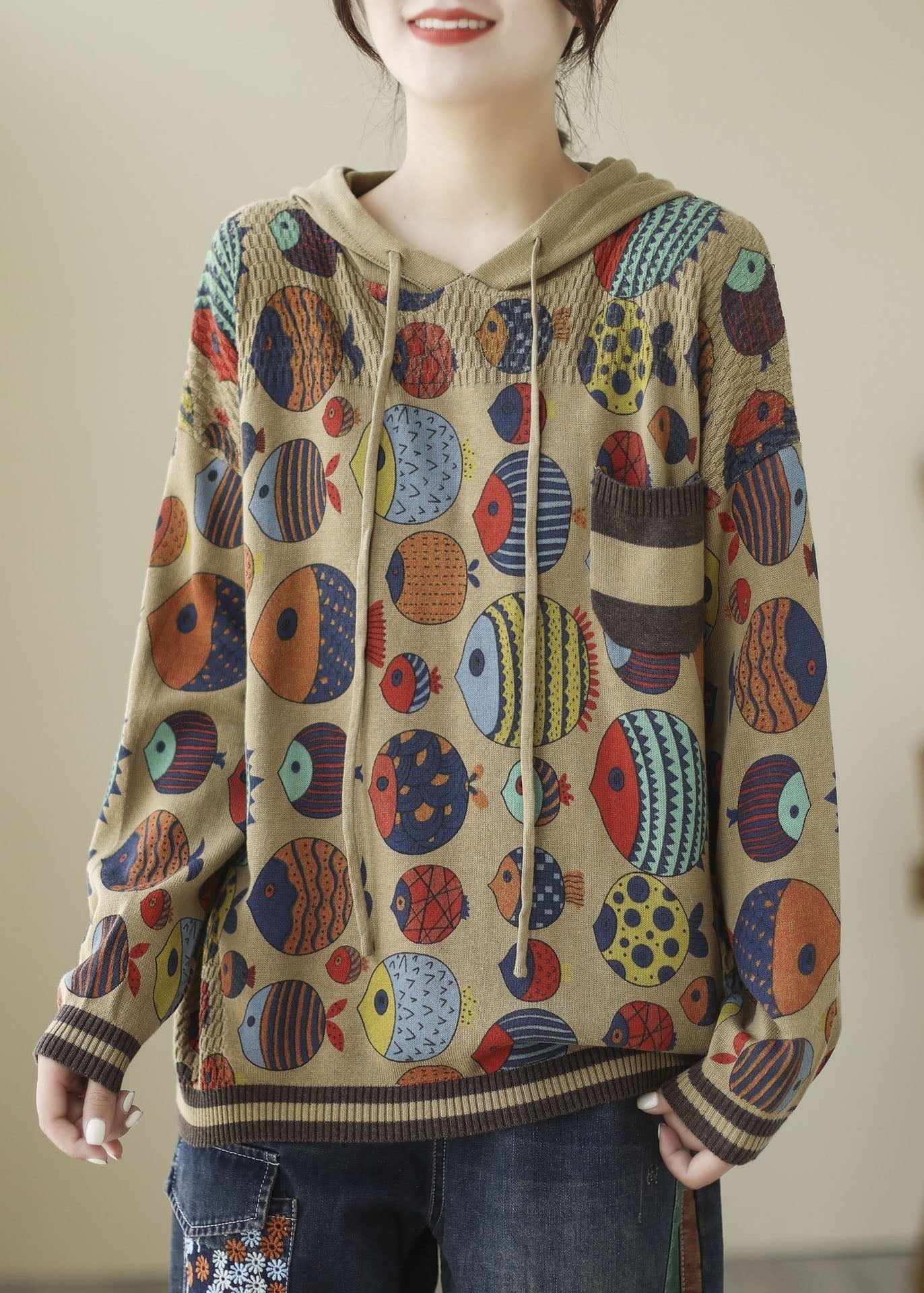 Art Khaki Hooded Print Knit Sweatshirt Winter