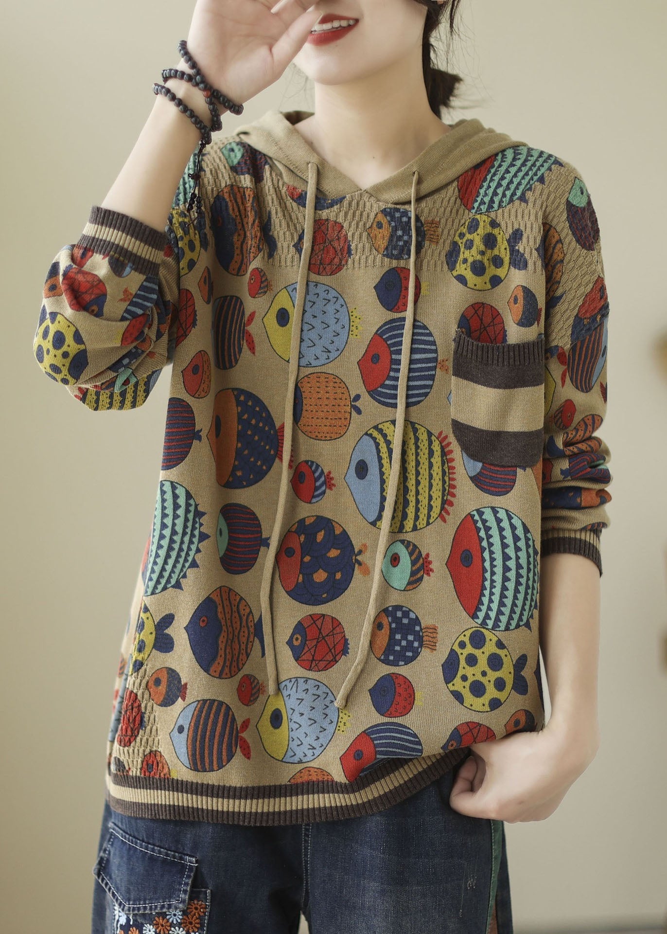 Art Khaki Hooded Print Knit Sweatshirt Winter